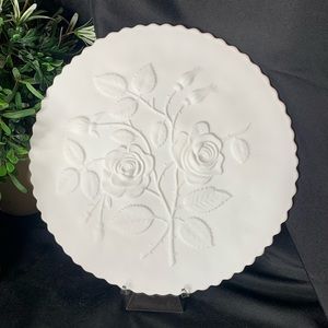 VTG Imperial Glass footed white satin milk glass open ROSE cake plate / platter